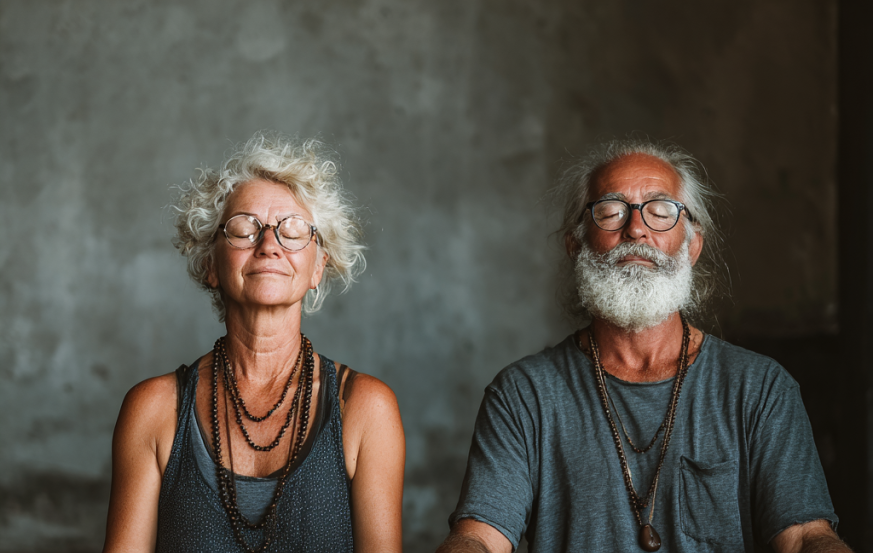 Adultos mayores practicando yoga en ambiente sereno