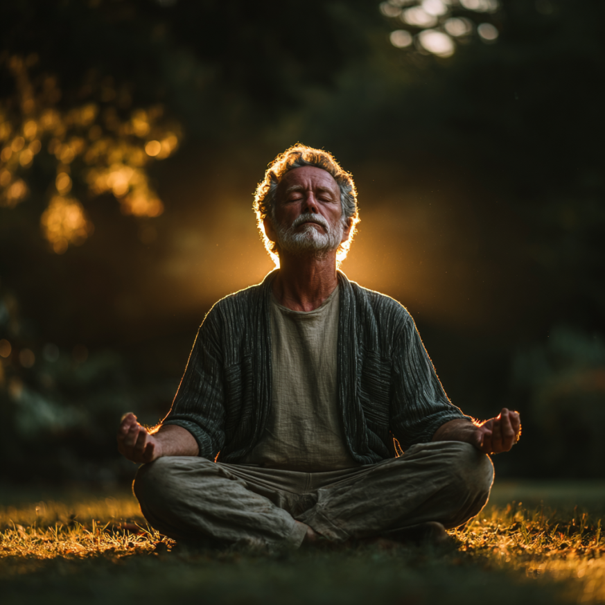 Grupo de adultos mayores en clase de yoga al aire libre