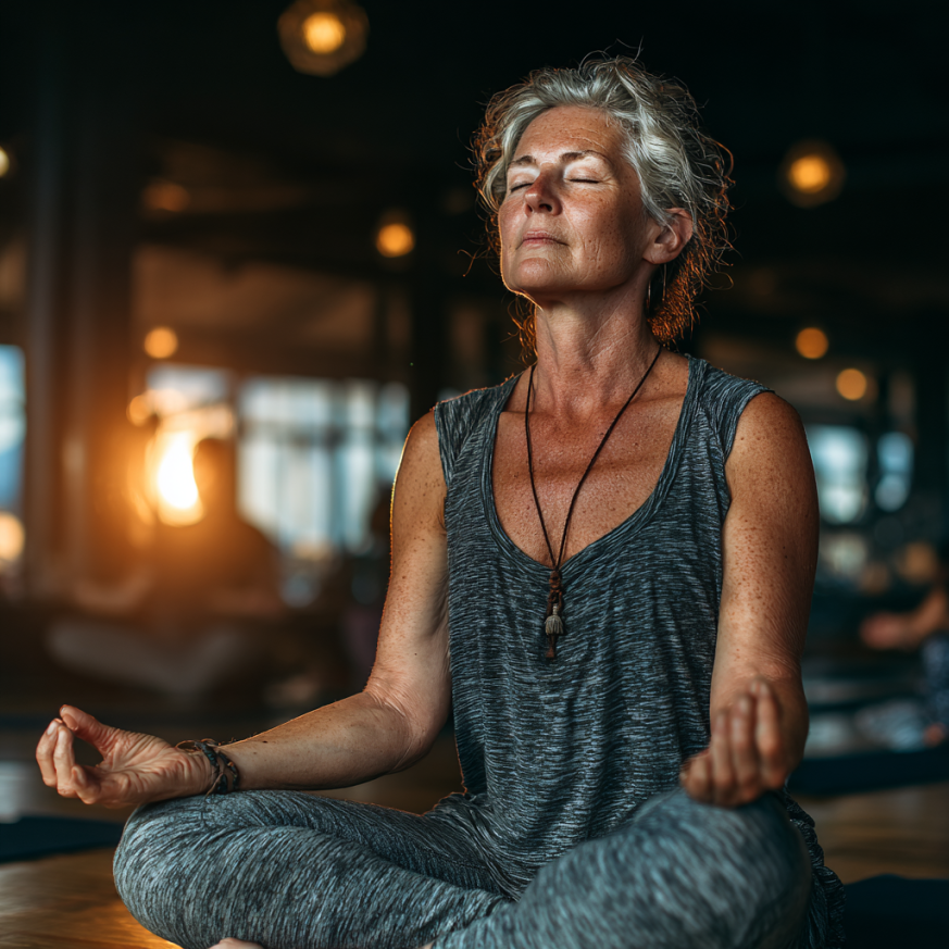 Instructora guiando a adultos mayores en diferentes posturas de yoga